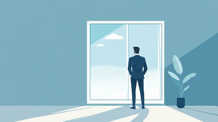 Obraz premium Executive Gazing Out Office Window at Cityscape