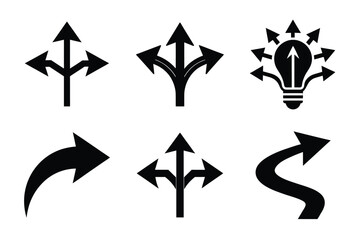 Collection of Black Arrows and Directional Icons Illustrating Various Choices and Paths