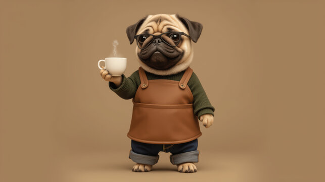Cute pug dog wearing apron, holding coffee cup, smiling happily