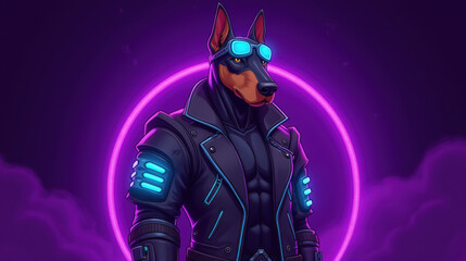 futuristic dog character wearing sunglasses and stylish jacket, set against neon background