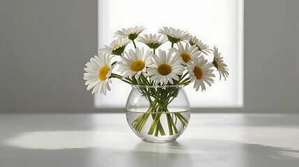 daisy flowers in a clear glass vase on white background