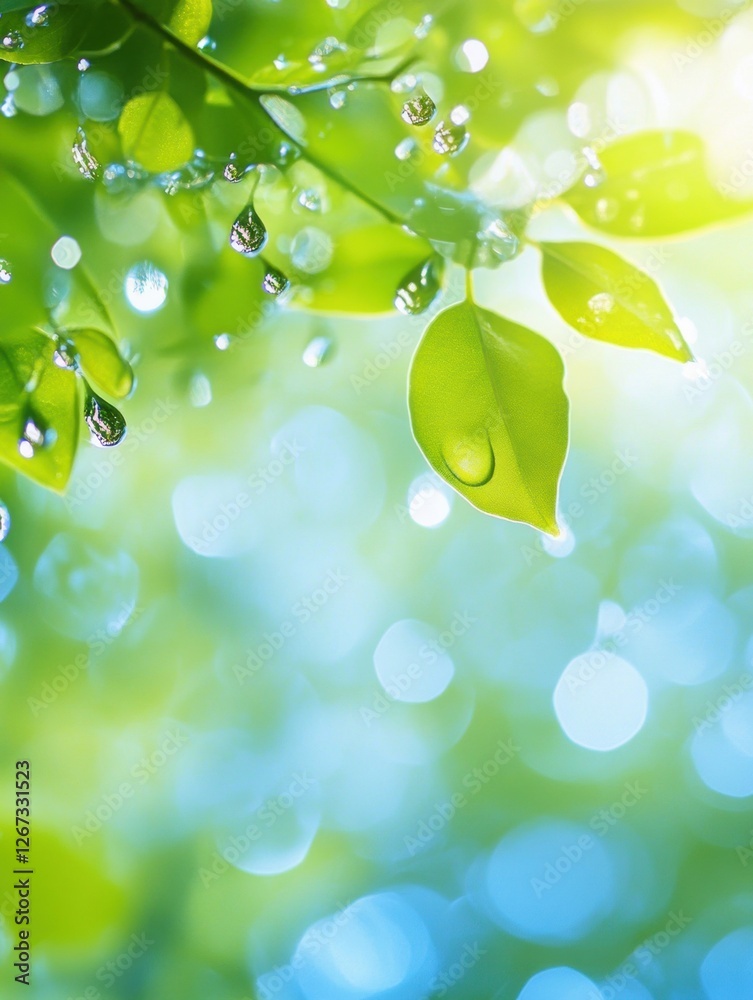 Poster close up view of green leaves with droplets of water reflecting sunlight in a vibrant natural settin
