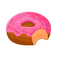 Bitten donut with pink glaze and coloured sprinkles. Sweet pastry, dessert vector illustration donut icon on white background