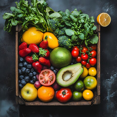 Fresh seasonal produce displayed in a wooden crate on a dark surface. Generative AI © VanSash 