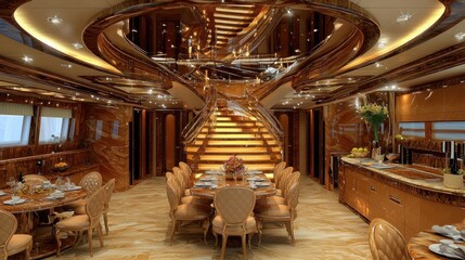 Luxurious yacht dining room with spiral staircase