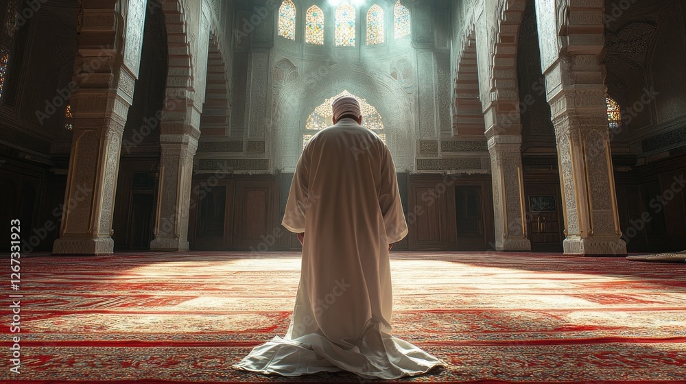Poster in a tranquil mosque, a muslim man bows in prayer, surrounded by intricate architecture and warm sun