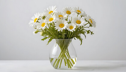 daisy flowers in a clear glass vase on white background