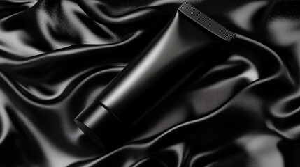 Fototapeta premium Black Cosmetic Tube On Draped Black Fabric
