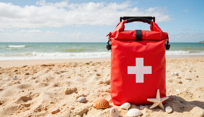 Red first aid bag on sandy beach with seashells and ocean background