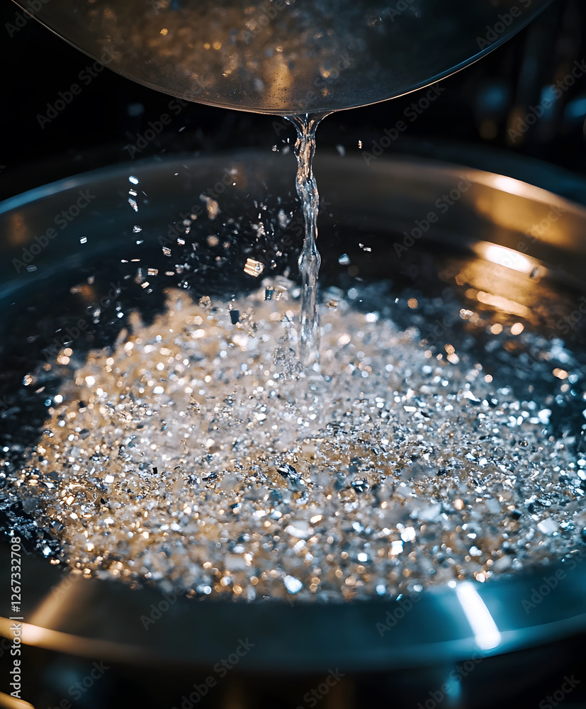 Poster the image shows water being poured onto a shimmering pile of diamonds, creating a sparkling effect i