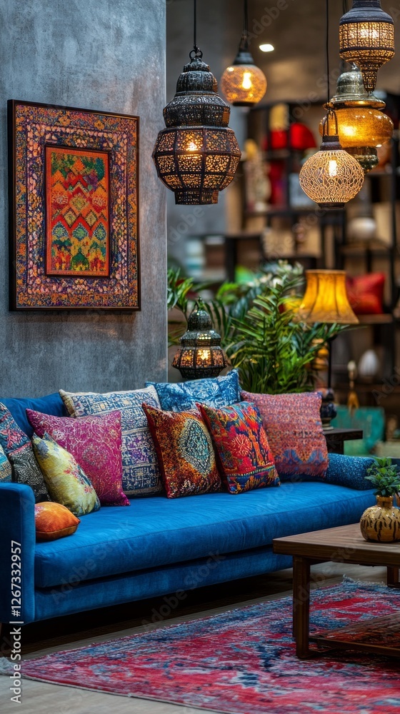 Poster a cozy living room showcases a stunning blue couch layered with colorful patterned cushions. elegant