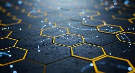 Hexagon Network: Abstract Tech Grid with Golden Lines & Glowing Data Streams. Modern Connectivity, Futuristic Background.