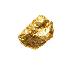 Natural shiny gold nugget with rough surface, showcasing intricate textures and reflections, isolated on a clean white background for commercial use