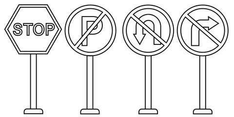 traffic signs: no stopping, no parking, no turning around, no turning right