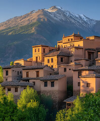 Obraz premium A picturesque village nestled among lush greenery and mountains, featuring traditional architecture and a serene atmosphere