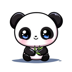 Fototapeta premium Cute Cartoon Panda Holding Bamboo with Adorable Big Eyes