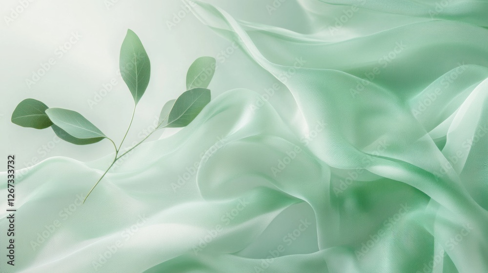 Poster soft green fabric draped elegantly with delicate leaves highlighting a serene and calming atmosphere