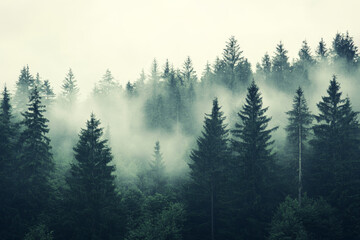 Misty landscape with mountains and dark moody fir forest in hipster vintage retro style