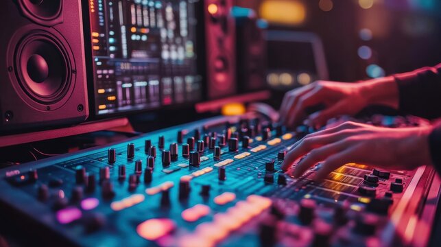 Audio specialist working in a control room, optimizing music tracks with digital tools