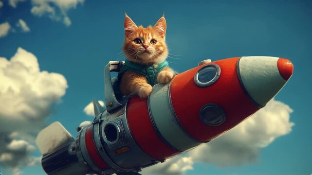 A cute cat joyfully rides a bright rocket through fluffy clouds, creating a whimsical and imaginative scene