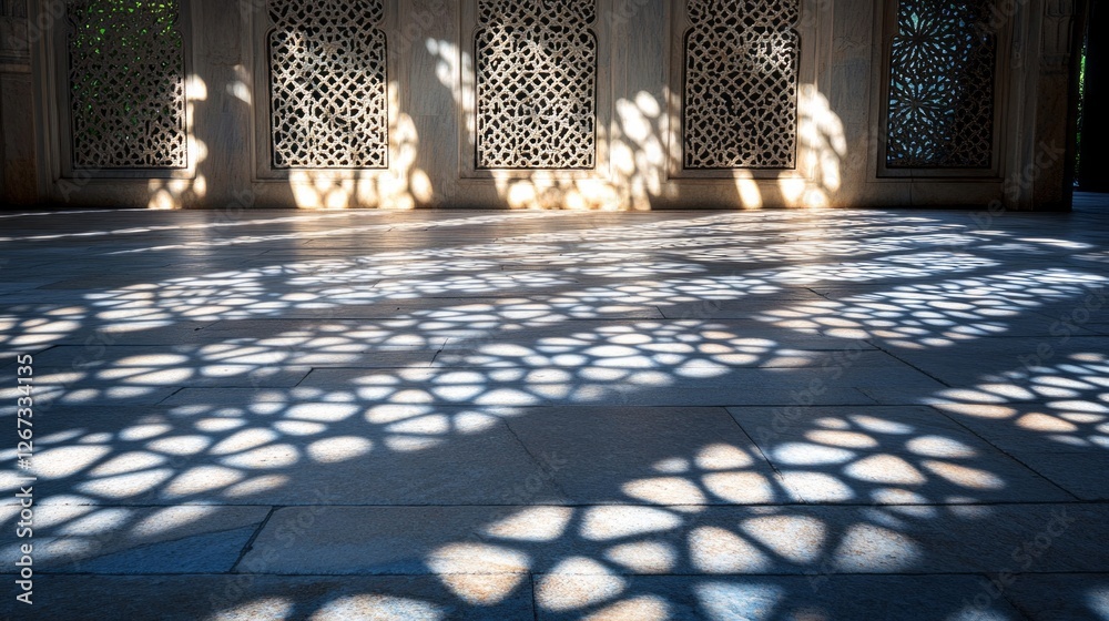 Aufkleber soft light filters through ornate window designs, casting delicate shadows on stone floors. the inte