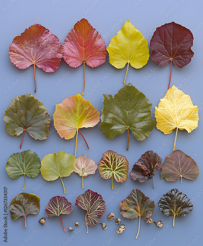 Poster a visually appealing collection of leaves showcasing various shapes and colors, arranged neatly on a