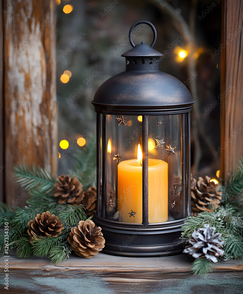 Poster a warm lantern with a glowing candle surrounded by pinecones and greenery creates a cozy, inviting a