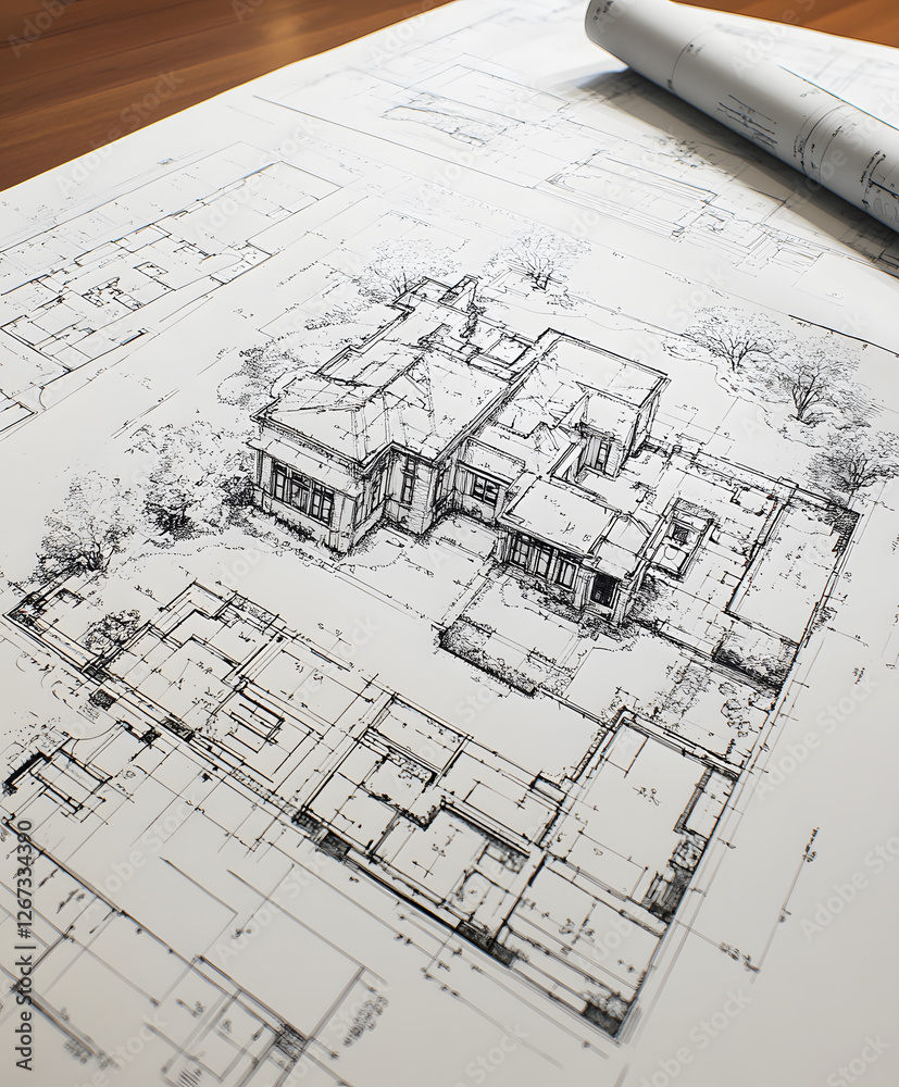 Poster An architectural blueprint showcases a detailed layout of a house with surrounding structures, highlighting design elements in a sketch format