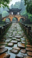 Obraz premium Ancient Stone Bridge Pathway Under Rainy Sky