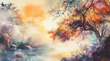 Autumnal forest lake sunset watercolor painting print