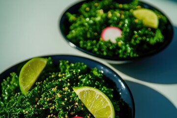 Obraz premium Fresh greens in dark bowls, garnished with lime and radishes, vi