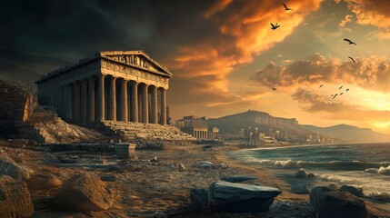 Fototapeta premium Sunset over ancient Greek temple ruins, coastal city background, historical travel photography