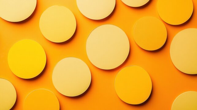 Bright yellow circles scattered on vibrant orange background creating a cheerful and playful visual composition. Generative AI