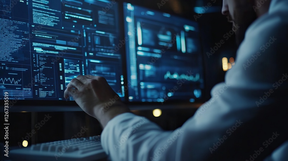 Poster programmer working late night on complex code project blue screen software development digital techn