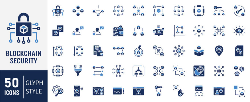 Blockchain security icon set. Containing as cryptography, encryption, decentralization, consensus, hash function and more. Vector illustration