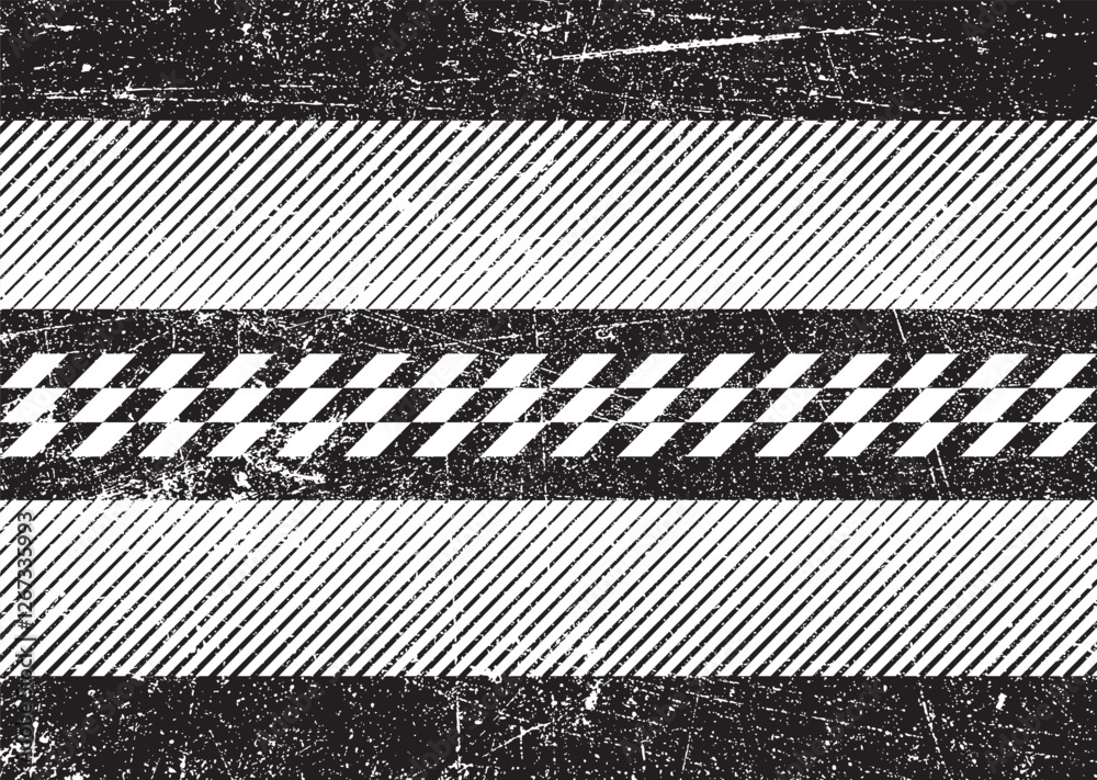 Poster Glitch distorted grunge layer . Noise destroyed texture . Checkered race grunge flag . Overlay grunge texture . Distressed effect .Vector shapes with a speed lines screen print texture.