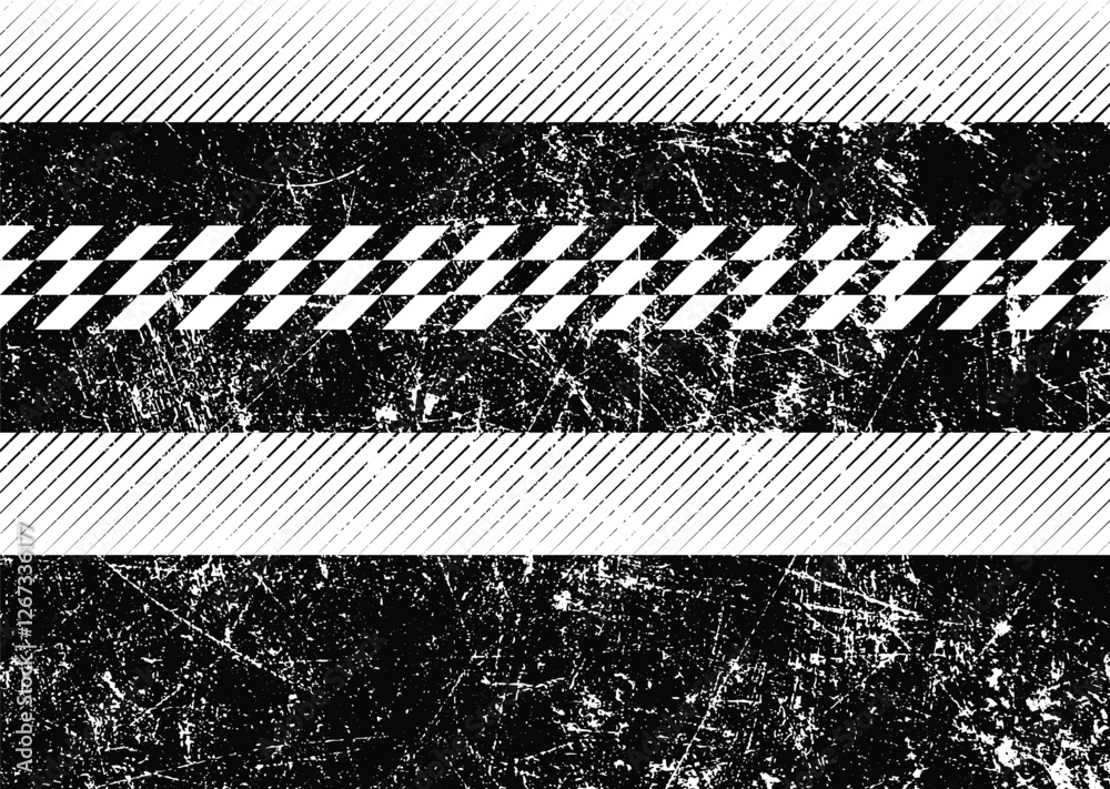 Poster Glitch distorted grunge layer . Noise destroyed texture . Checkered race grunge flag . Overlay grunge texture . Distressed effect .Vector shapes with a speed lines screen print texture.