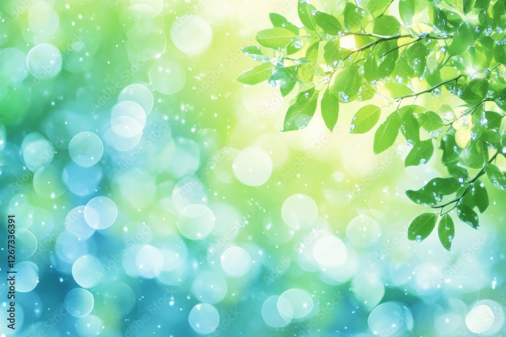 Aufkleber Lush green leaves glistening after rainfall against a dreamy bokeh background in a serene natural setting. Generative AI