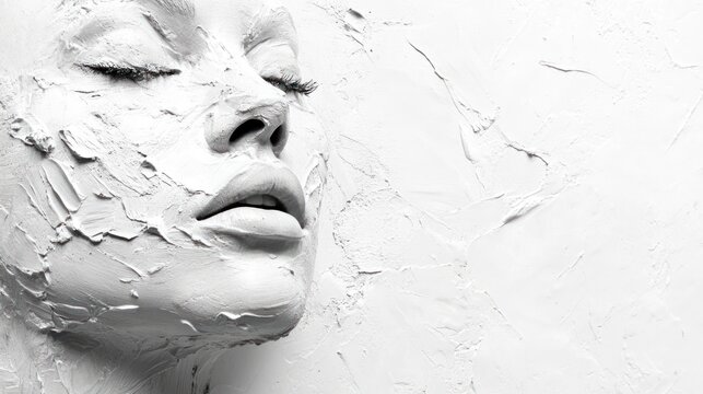 Woman with sculpted white clay mask, studio portrait, textured background