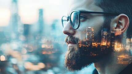 Double Exposure Portrait Cityscape Night Lights Urban Modern Man Beard Glasses Stylish Professional Businessman Dream Thinker Creative Visionary art  