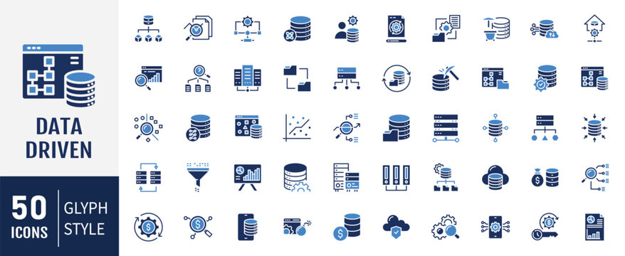Data driven solid icon set. Containing icons: big data, data mining, algorithm, analytics, machine learning, ai, science, warehouse, database, dataset and more. Vector illustration