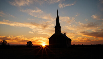 Obraz premium Silhouette of church steeple against sunset sky