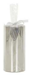 Plastic bags tied with ribbons containing candles cut out isolated transparent background