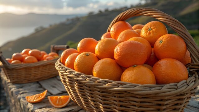 Sun-Kissed Oranges: A vibrant image of juicy oranges overflowing from a rustic wicker basket against a breathtaking backdrop of rolling hills and a golden sunset.  