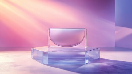 Clear Acrylic Handbag Display On Geometric Stand With Pink And Purple Lighting