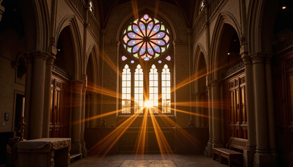 Obraz premium Sun rays shining through stained glass window in church