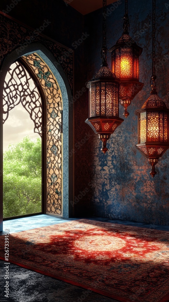 Poster Soft light filters through intricately designed windows, illuminating the rich colors of a private prayer room