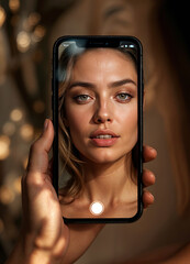 Portrait of a beautiful young woman taking a selfie with a smartphone. Stunning Beauty Selfie