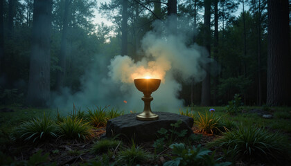 Golden chalice emitting smoke in enchanted forest