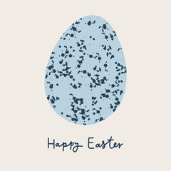 Happy Easter spotted quail egg vector hand drawn minimalistic illustration with typography. Blue and beige colors. Great for banners, postcards, social media, stickers. Possible for customization